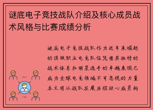 谜底电子竞技战队介绍及核心成员战术风格与比赛成绩分析