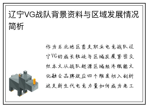 辽宁VG战队背景资料与区域发展情况简析